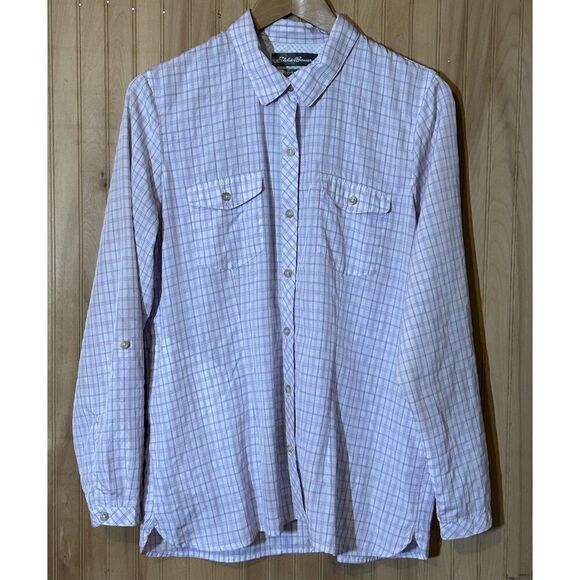EDDIE BAUER White Purple Plaid Travex Long-Sleeve Button Front Shirt Blouse L - Picture 1 of 5
